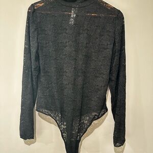 PINK Victoria's Secret Black Floral Lace Long-Sleeve Bodysuit